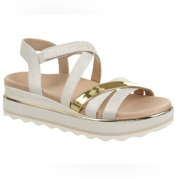Vionic Shoes - Vionic!-Kellyn Criss Cross Strapy Velcro, Women's White and Gold Sandals Size 7